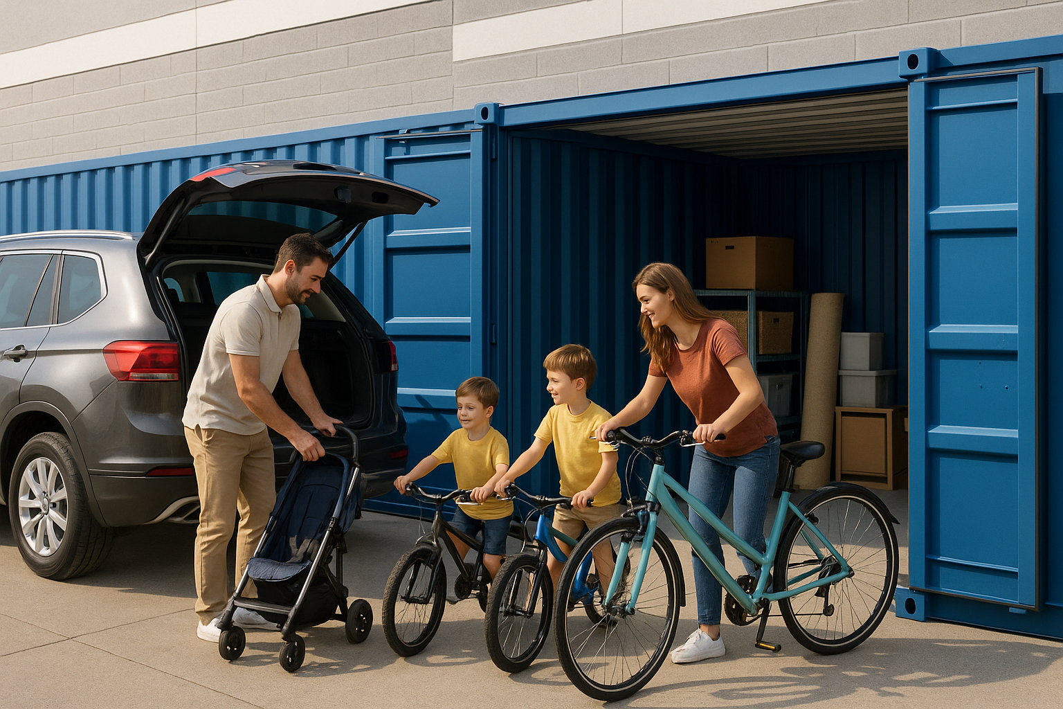Family unloading bicycles and stroller from car in front of storage container unit during summer preparation