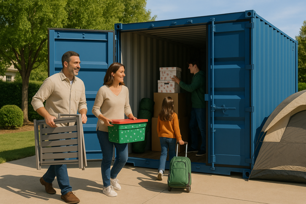 Family unloading seasonal items including garden furniture, Christmas decorations, and camping gear into a blue shipping container at Boxxs Self Storage near Bo’ness