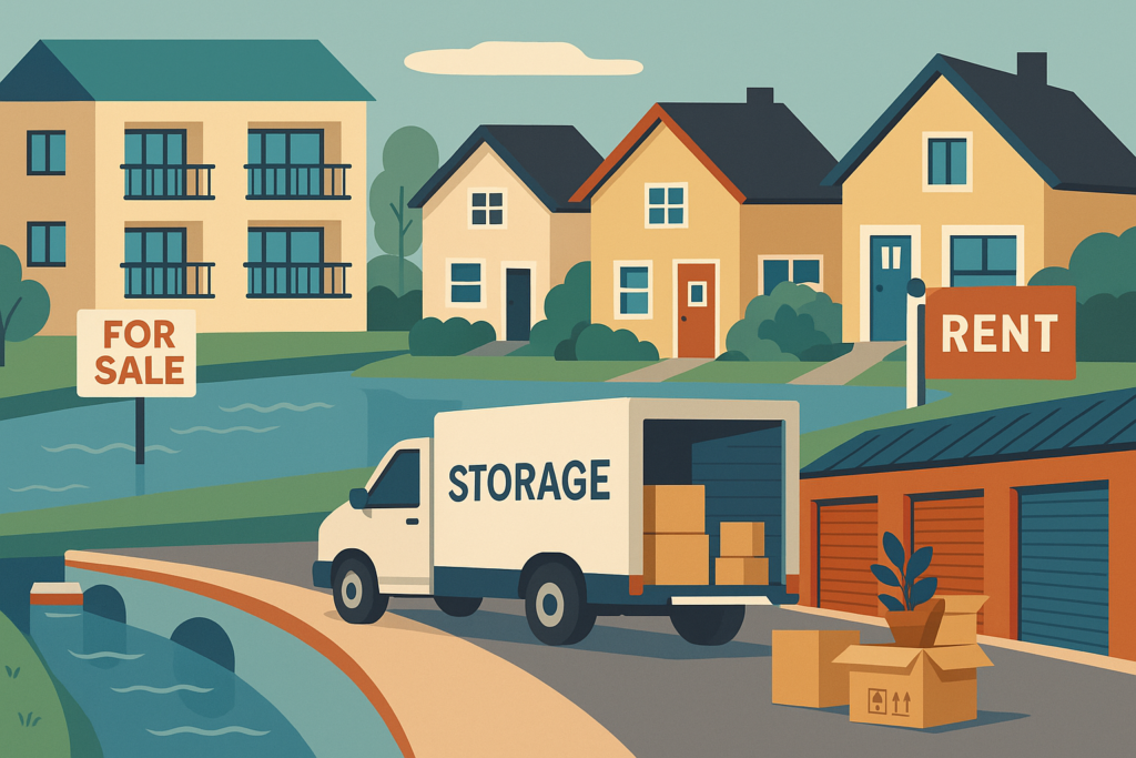 A flat-style illustration showing a riverside apartment building with a “For Sale” sign, a row of suburban homes including one with a “Rent” sign and moving truck, and adjacent orange drive-up storage units with packed boxes.
