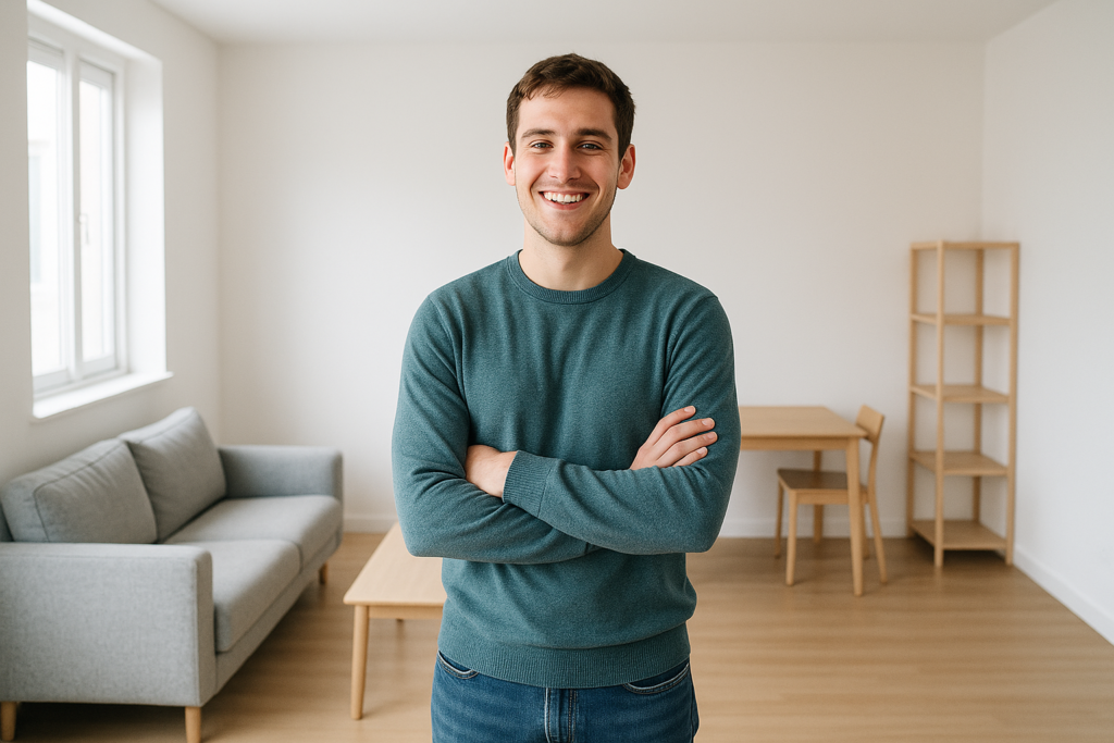Happy young man in a minimalist flat, ideal for first-time renters using self storage near Bo’ness, Falkirk, and Grangemouth.