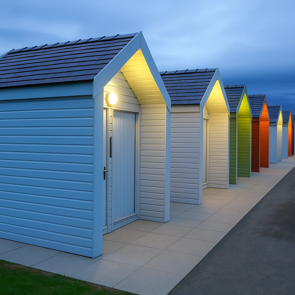 A pastel row of beach huts at Helix Marina, each illuminated by a warm porch light, lining a tiled walkway under a deepening blue dusk sky.