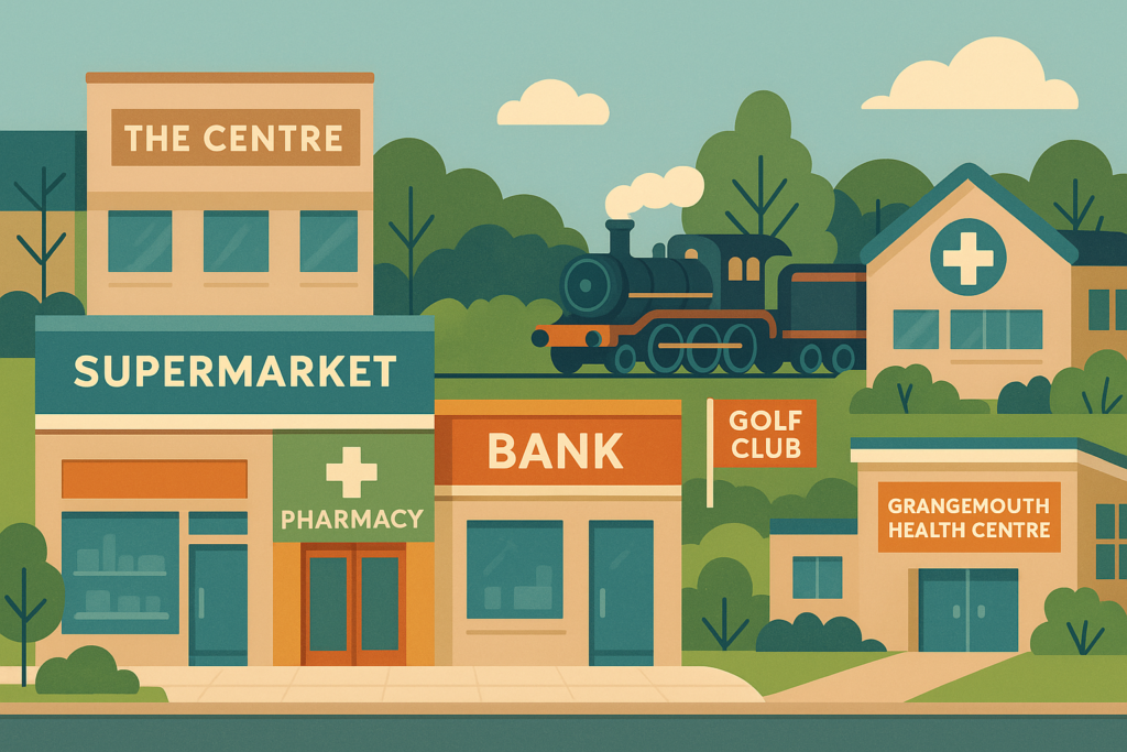 Flat-style illustration of Grangemouth’s amenities: The Centre shopping complex, a supermarket with pharmacy, a bank, a steam train from Bo’ness & Kinneil Railway, a Golf Club sign, and the Grangemouth Health Centre by a riverside.