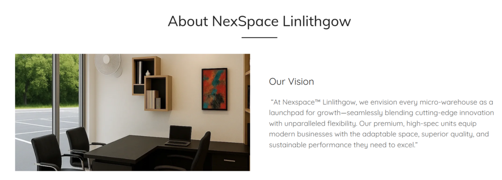 An interior render of a furnished micro-warehouse office on the left and the ‘Our Vision’ text block on the right.”