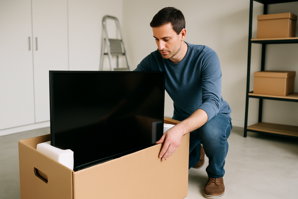 an carefully placing a flat screen TV into a protective box for storage in Linlithgow