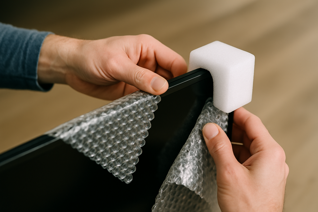 Close-up of corner protector and bubble wrap being applied to a flat screen TV for secure storage