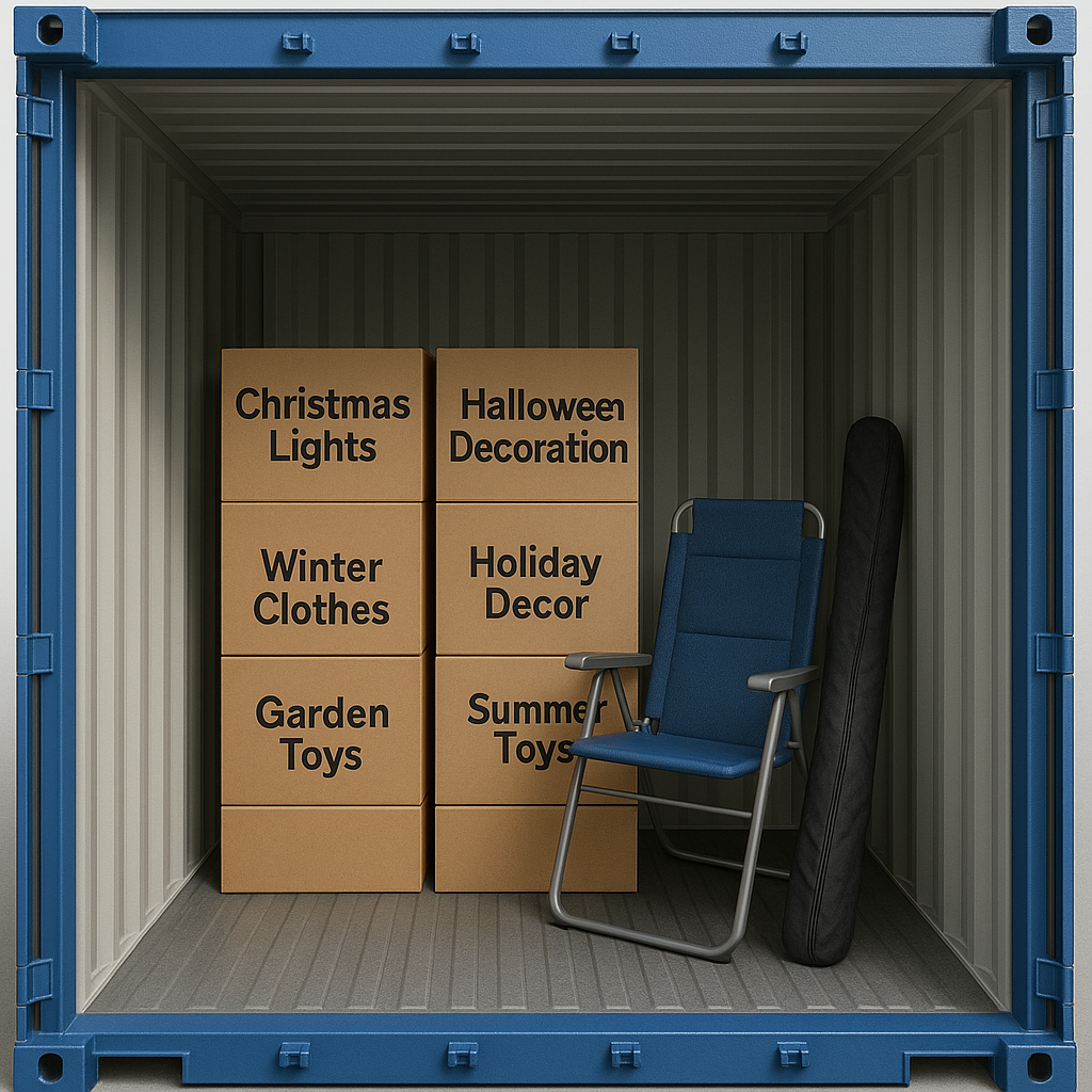 Interior of a blue shipping container neatly organized with labeled boxes for Christmas lights, holiday decor, garden toys, and other seasonal items, alongside a folded chair and ski bag.