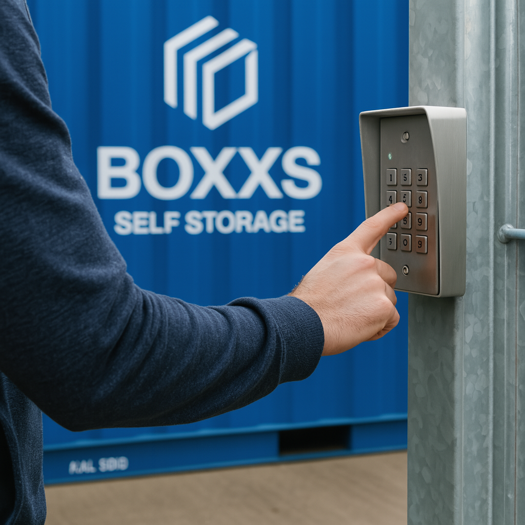 Person entering secure keycode at BOXXS Self Storage gate with branded blue container in background