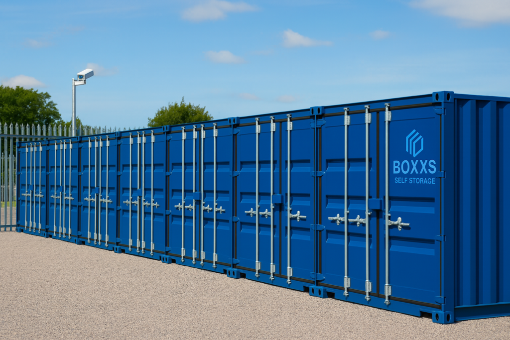 Row of blue shipping containers in fenced self storage facility