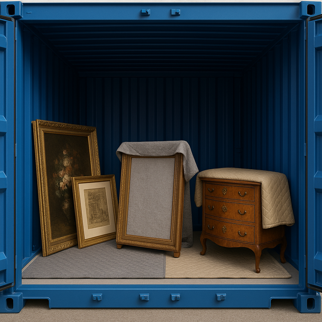 Securely stored antiques and framed artwork inside a clean, blue self-storage container near Bo’ness.