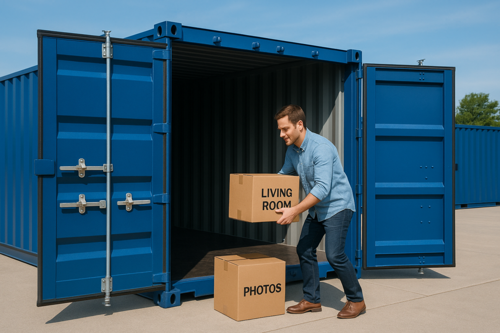 Homeowner placing labeled boxes into a blue self-storage container on a clean lot in Linlithgow