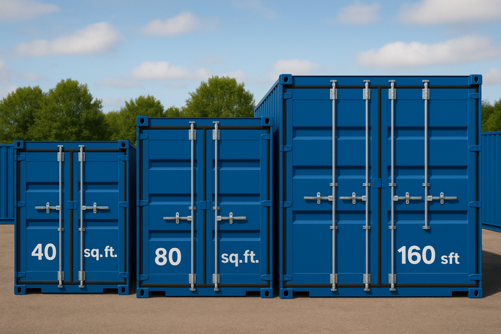 Three blue storage containers at Boxxs Self Storage in Linlithgow, labeled with sizes 40, 80, and 160 sq. ft.