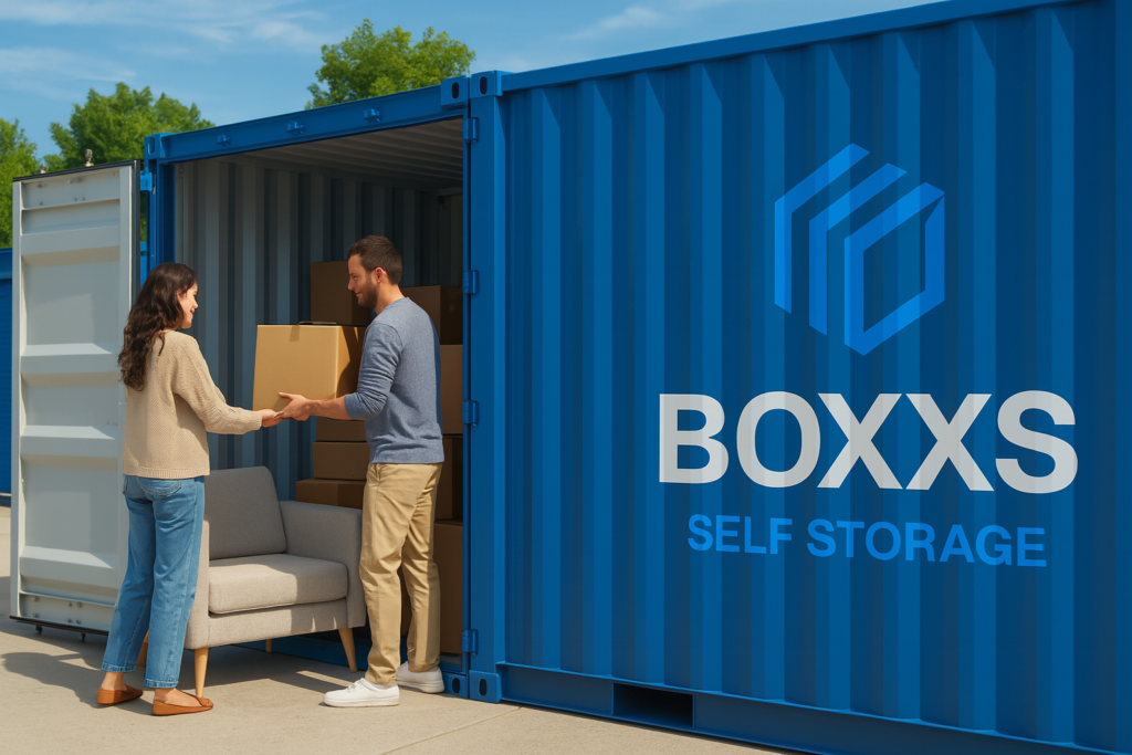 Couple loading boxes into a blue Boxxs storage unit for a house move near Bo’ness.