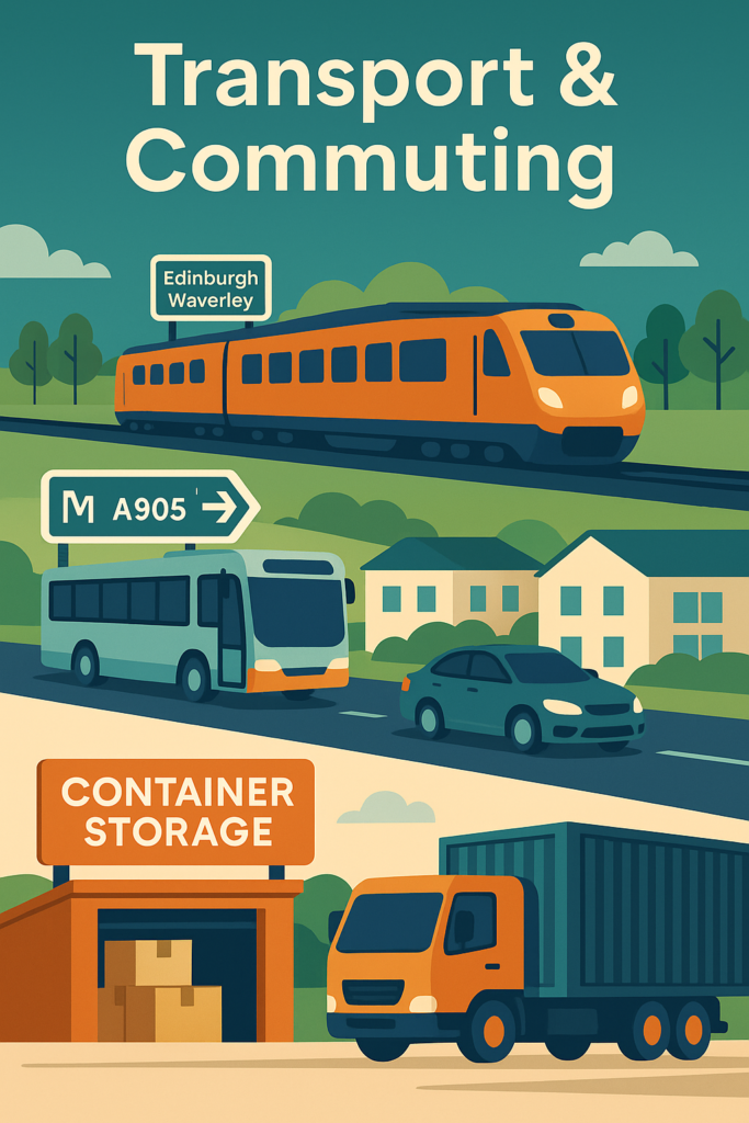 Flat-style illustration showing an orange train bound for Edinburgh Waverley on a rail line, a green bus and car on a road marked M9/A905, and an orange container-storage unit with a truck unloading boxes.