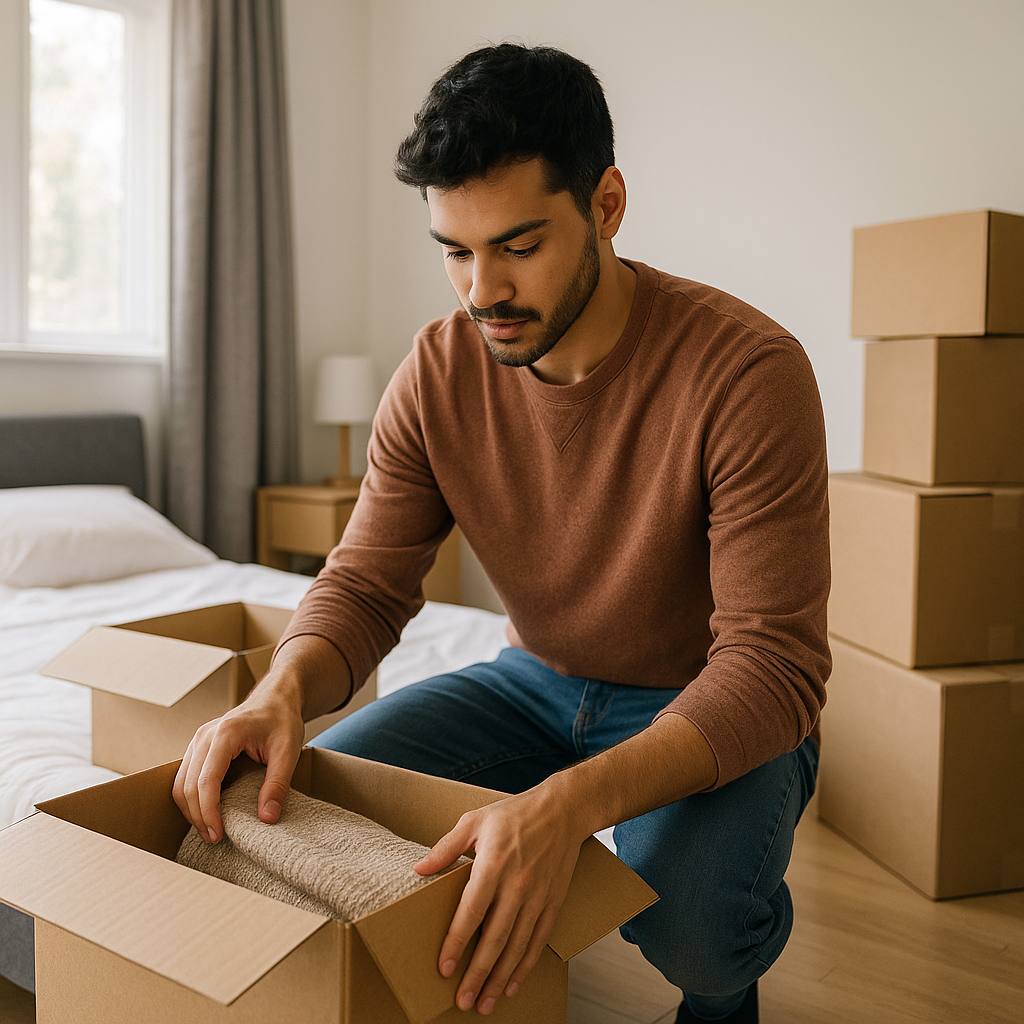 Young adult packing cardboard boxes in a bedroom before moving out in Falkirk area