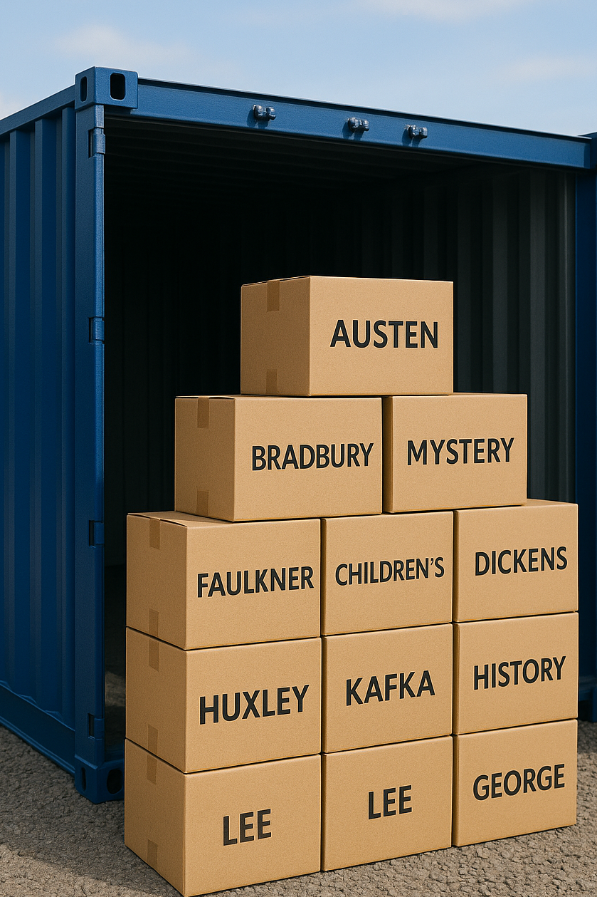 Person loading labelled book boxes into a gentian blue storage container at Boxxs Self Storage Linlithgow.