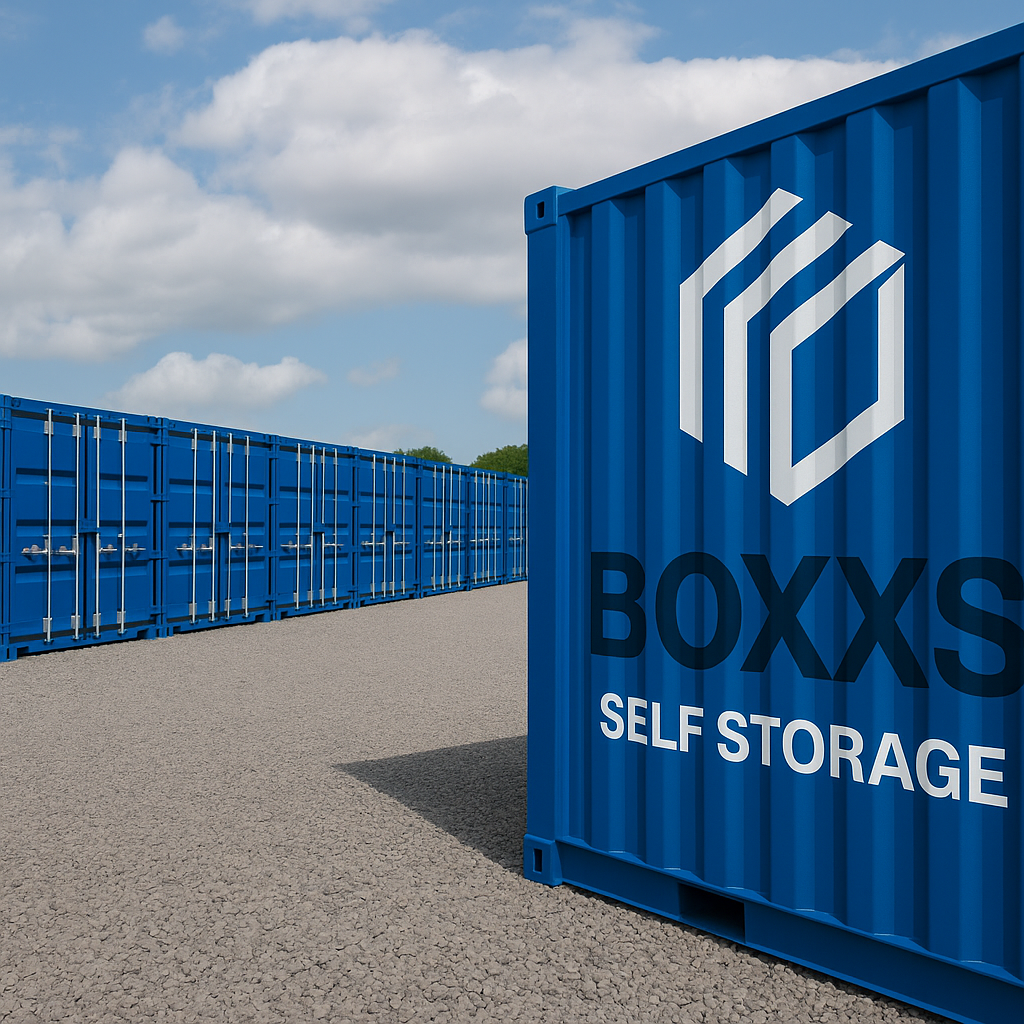 blue Boxxs storage containers on stone-chipped yard in Linlithgow, West Lothian.