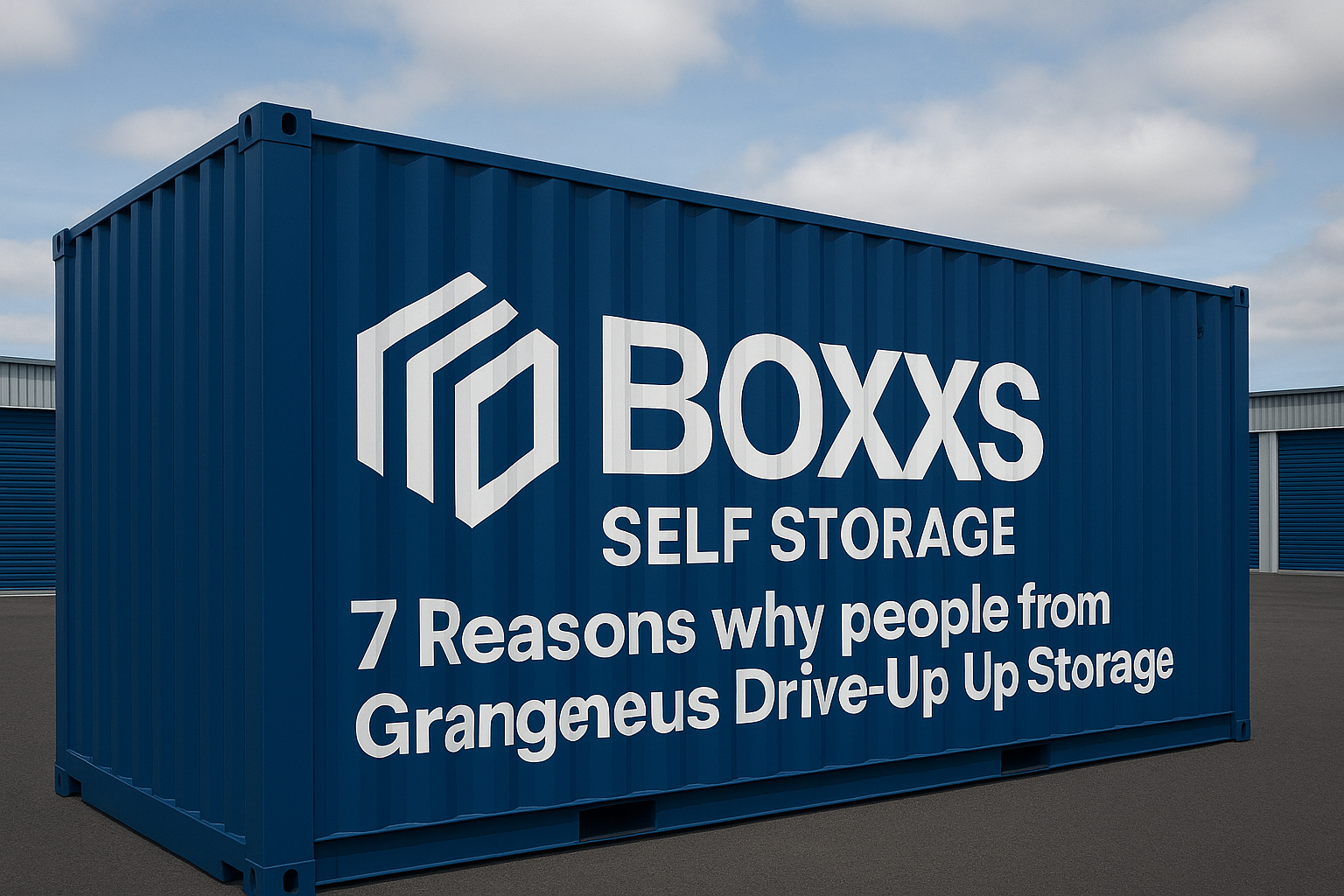 A dark blue Boxxs branded shipping container parked on asphalt, featuring the white Boxxs logo and the bold headline: “7 Reasons why people from Grangemouth Use Boxxs Drive-Up Storage.”