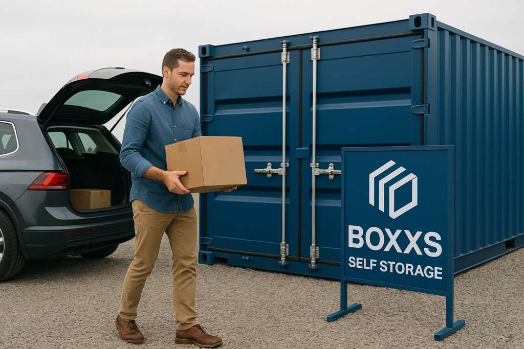 Customer unloading boxes into a self storage container in West Lothian
