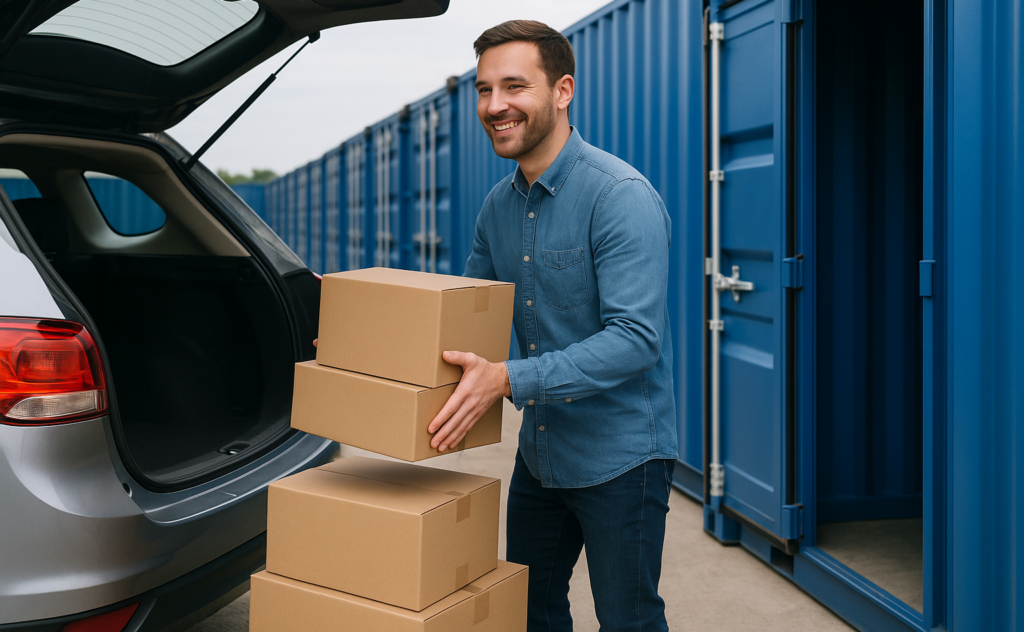 Customer unloading boxes into a self storage unit in West Lothian