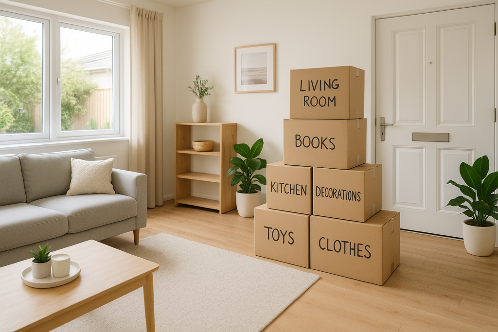 Decluttered living room in West Lothian with boxes packed for self storage