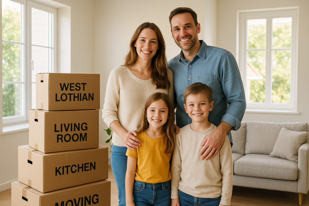 Family in West Lothian preparing boxes for moving house with self storage support