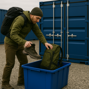 Hiker storing outdoor gear in a gentian blue self storage container at Boxxs Self Storage Linlithgow, West Lothian.