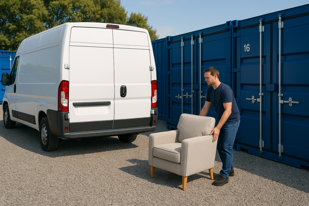 Moving van at Boxxs Self Storage Linlithgow with customer unloading furniture.