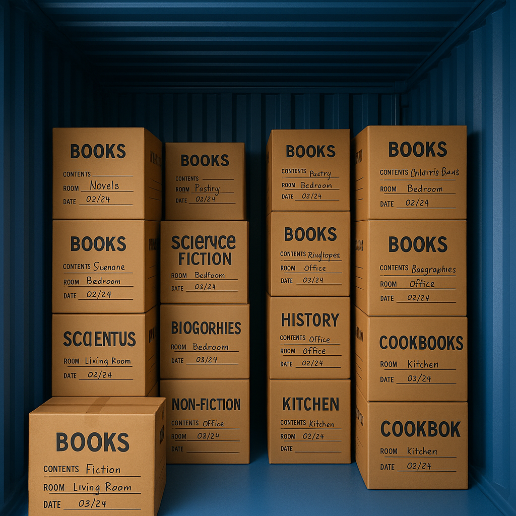Organised boxes of books stored inside a clean gentian blue storage container in West Lothian.