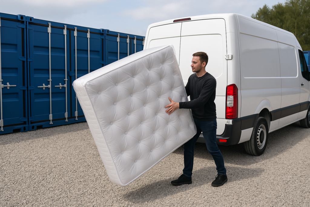 Customer arriving at Boxxs Self Storage Linlithgow to store a mattress in a blue drive-up container.