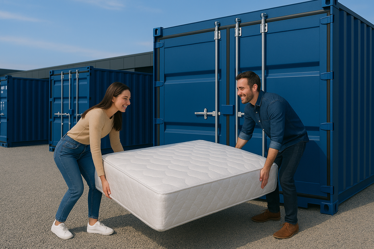 Learn how to store a mattress in West Lothian - Couple loading a wrapped mattress into a blue drive-up storage container at Boxxs Self Storage Linlithgow.