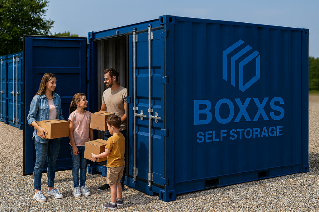Family using a BOXXS drive-up storage container in Linlithgow during a house move.