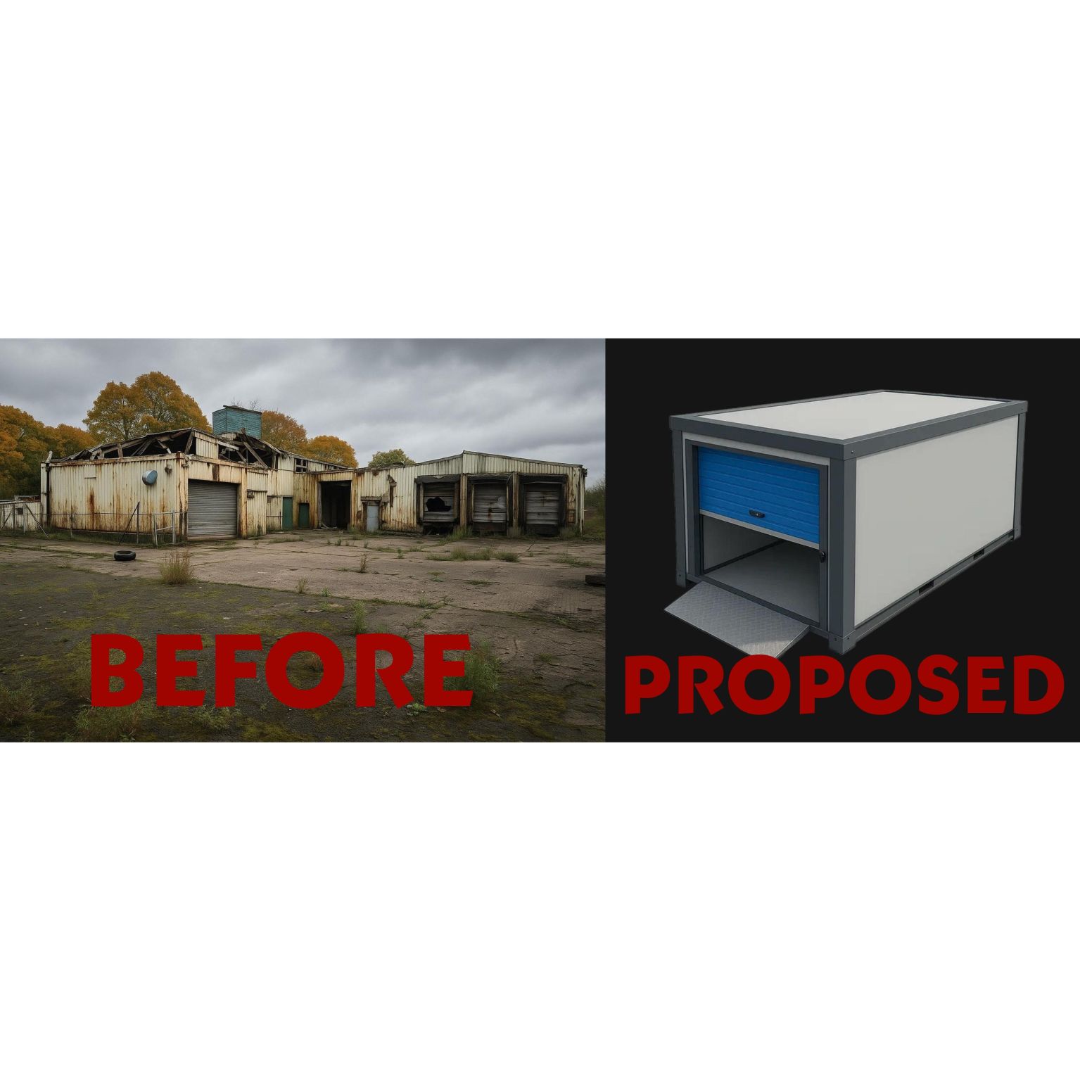 Derelict ABP meat-processing plant on Strathtay Road, Perth, alongside a premium Strongholds™ drive-up self storage unit by Boxxs Self Storage.