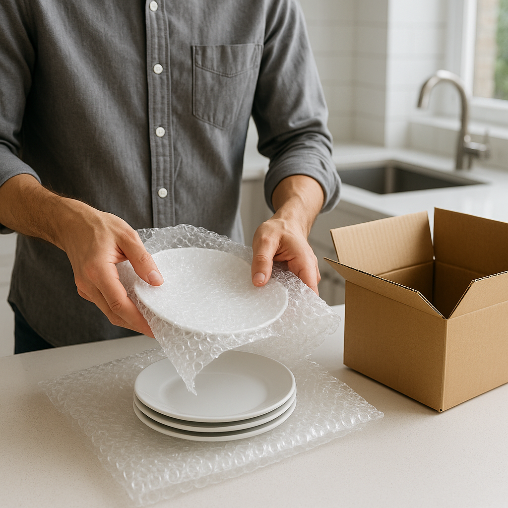 Person wrapping ceramic plates in bubble wrap before placing them into a moving box in West Lothian.