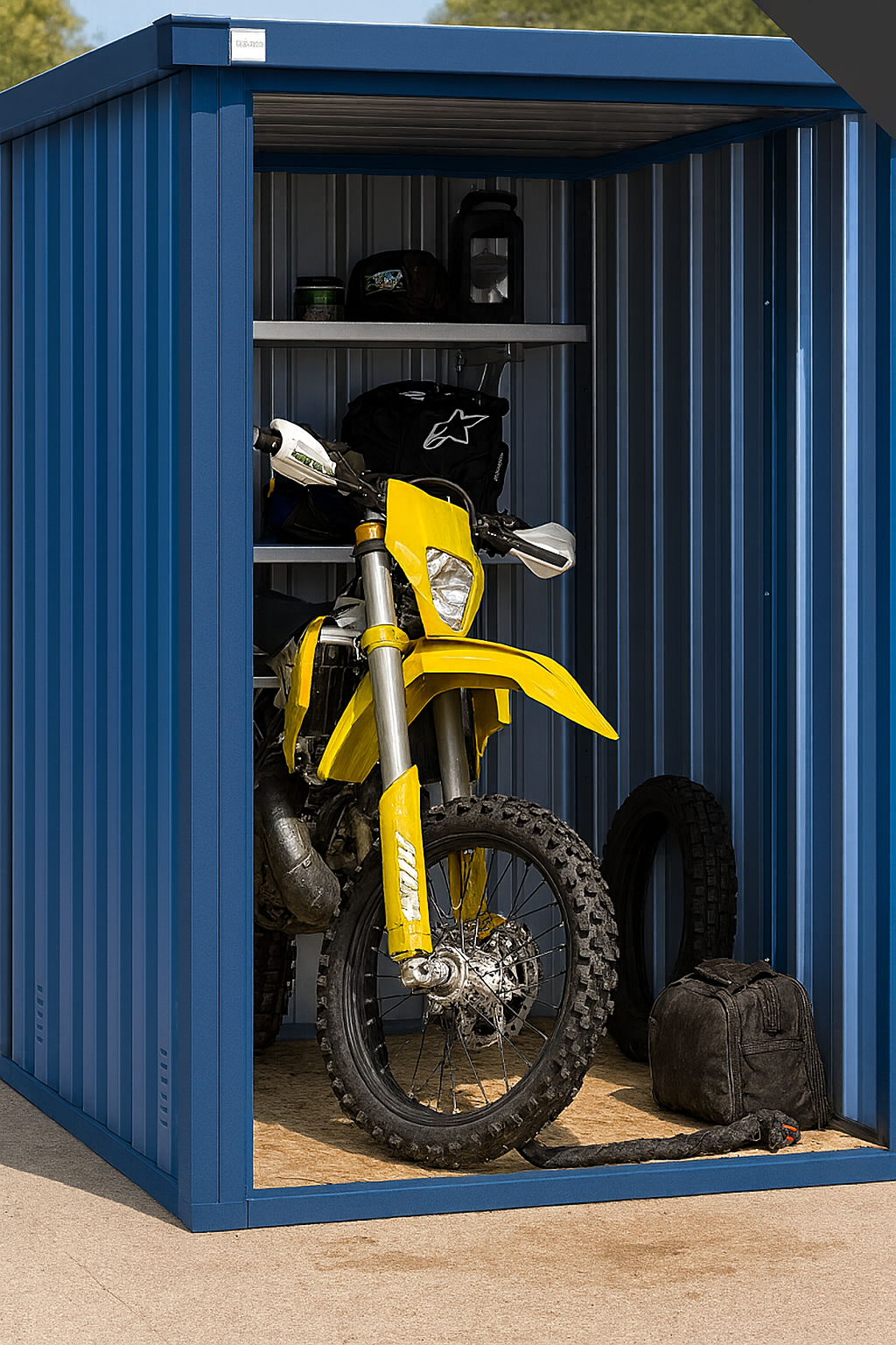 RAL 5010 blue Mini Boxx motorbike storage unit at Boxxs Self Storage in Linlithgow, designed for secure, insulated motorcycle storage with easy drive-up access