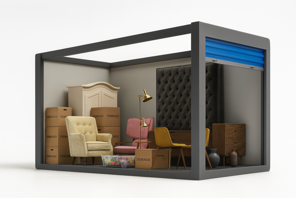 Cutaway view of a Strongholds X7 storage unit filled with household furniture, boxes, and appliances.