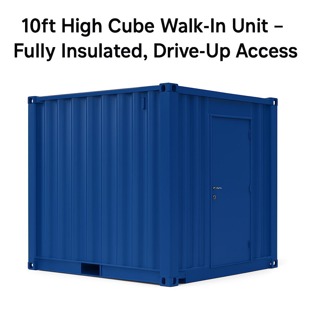 Blue 10ft walk-in storage container with side-access personnel door, fully insulated and drive-up accessible – available from Boxxs Self Storage in West Lothian.