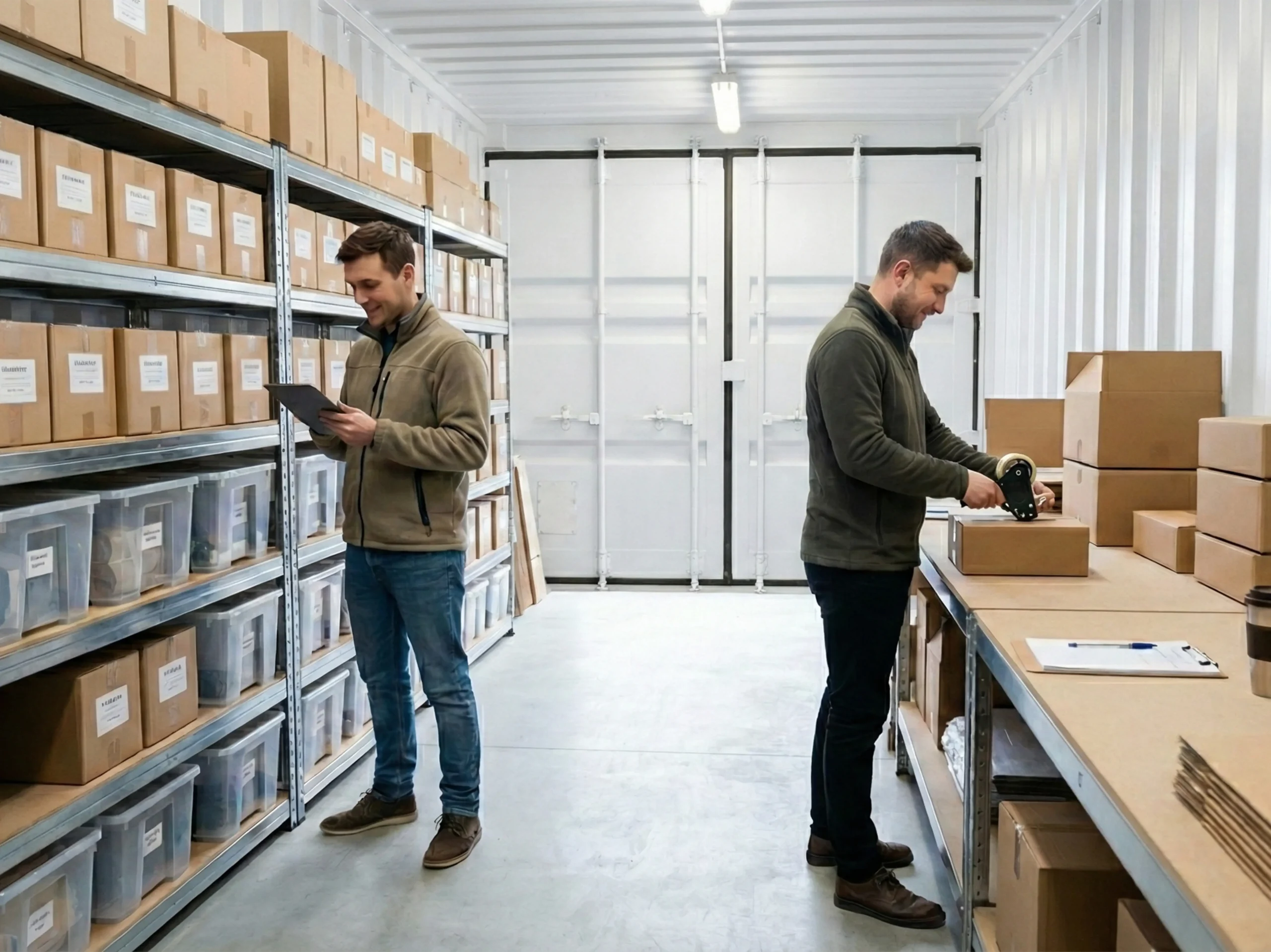 Ecommerce storage setup with organised shelving and staff packing online orders inside a secure self storage unit