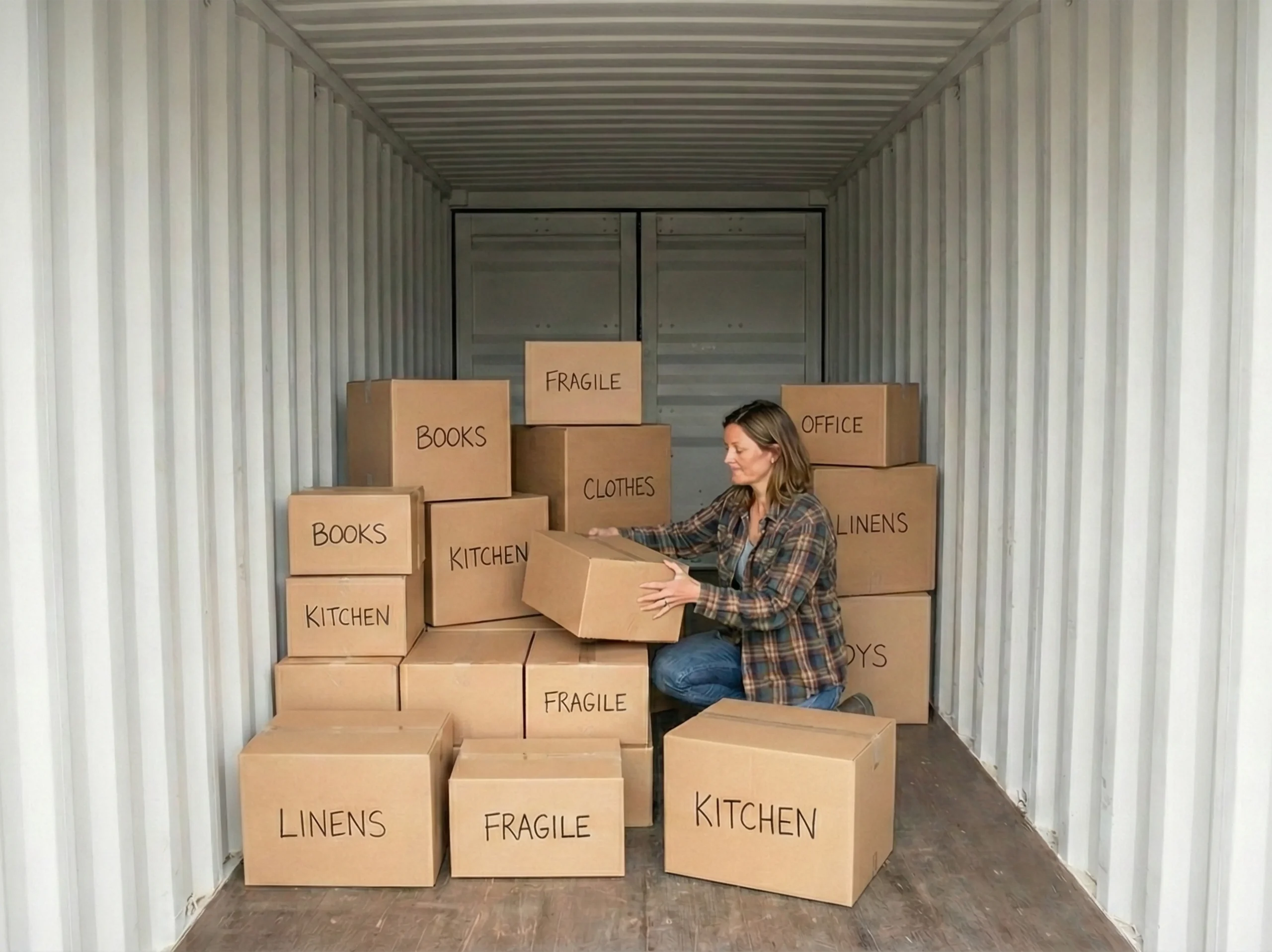 Woman in her 30s placing labelled boxes inside a shipping container using temporary storage at Boxxs Self Storage in Linlithgow