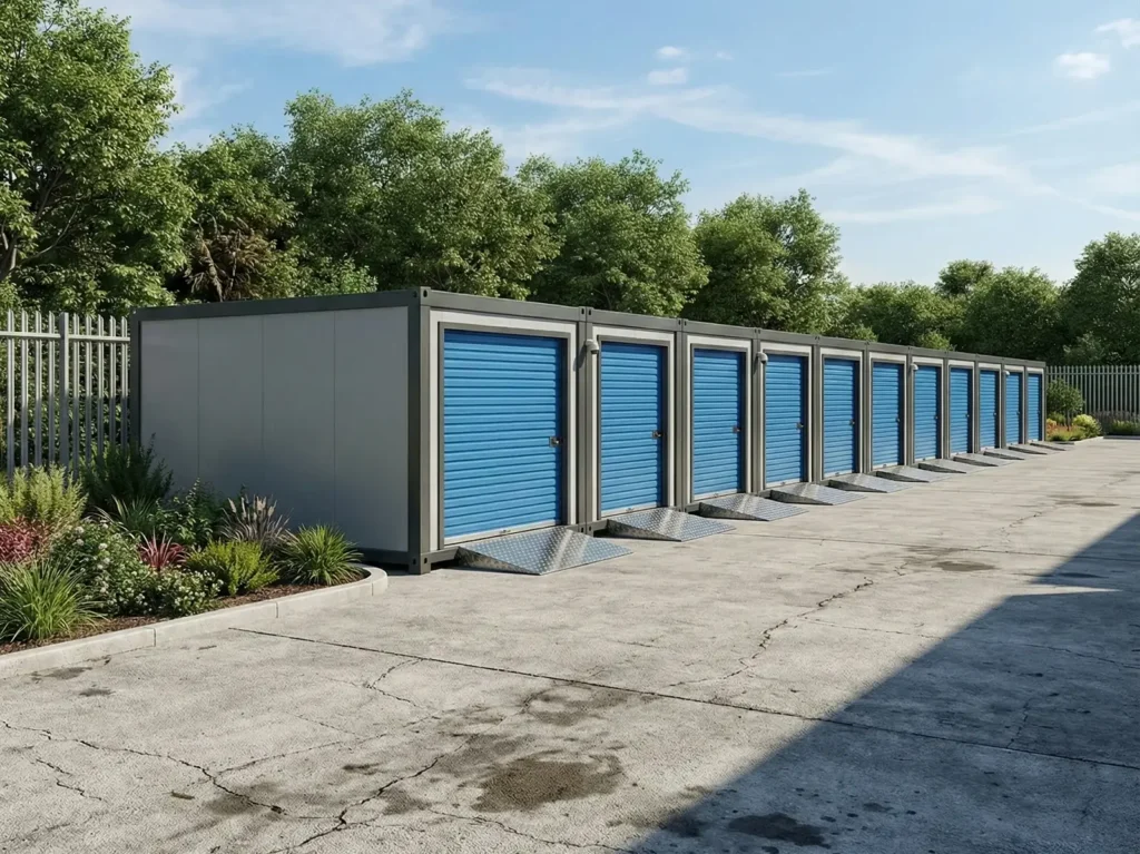 Row of modern blue-door Strongholds self-storage units coming soon to Boxxs Self Storage in Linlithgow.