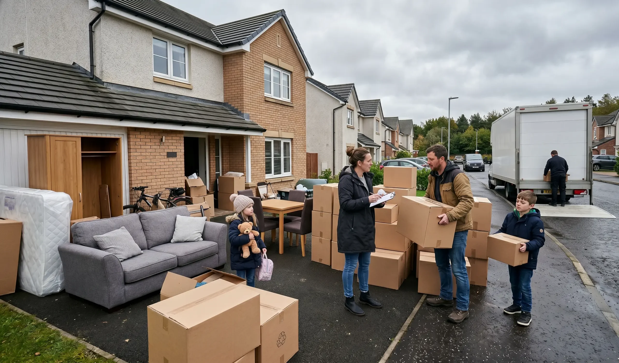 Family moving house with furniture and boxes in West Lothian showing what to do with furniture when moving house