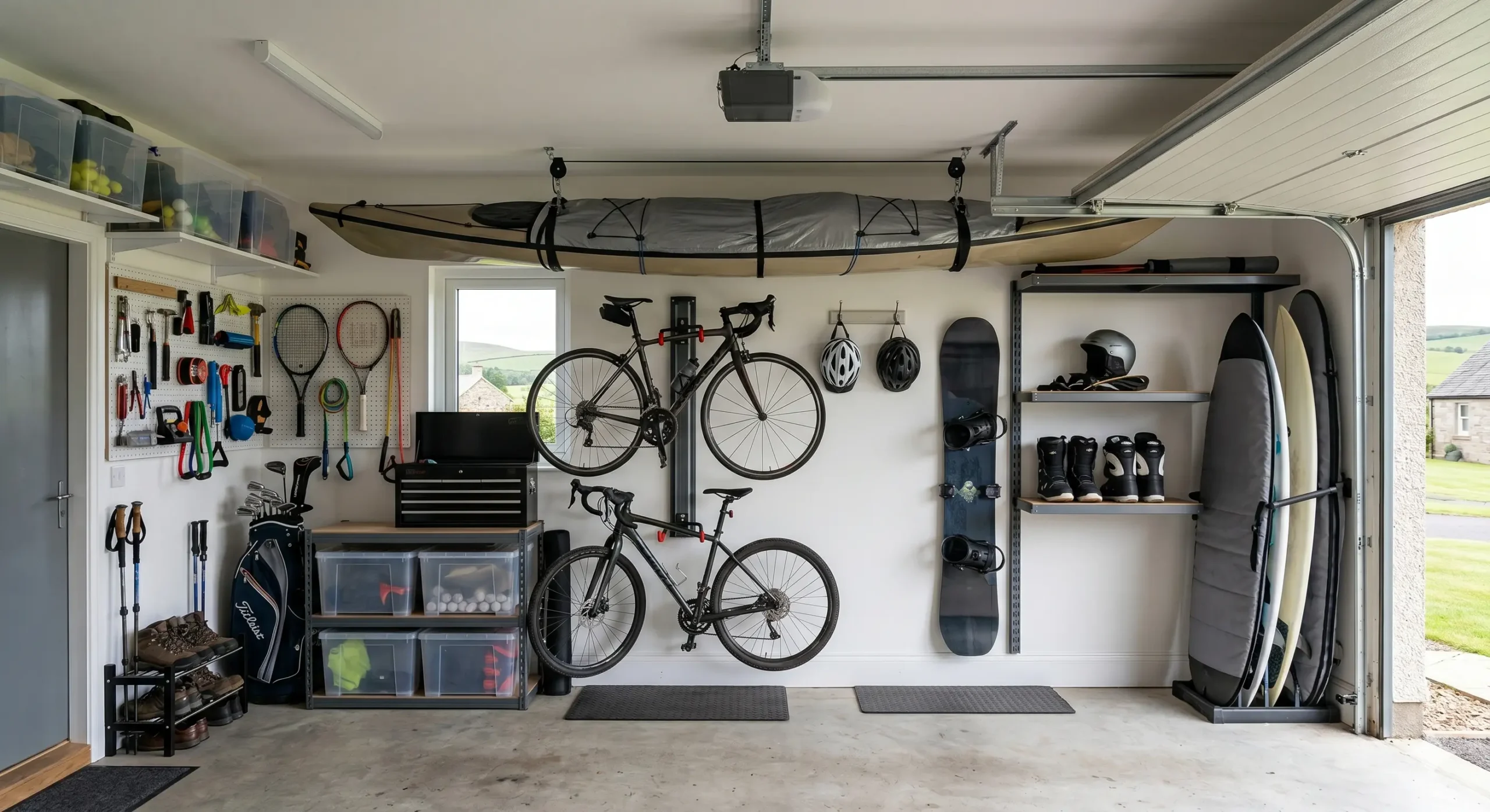Organised garage storage with bikes, surfboards, helmets and sports equipment neatly stored on wall racks and shelving in West Lothian