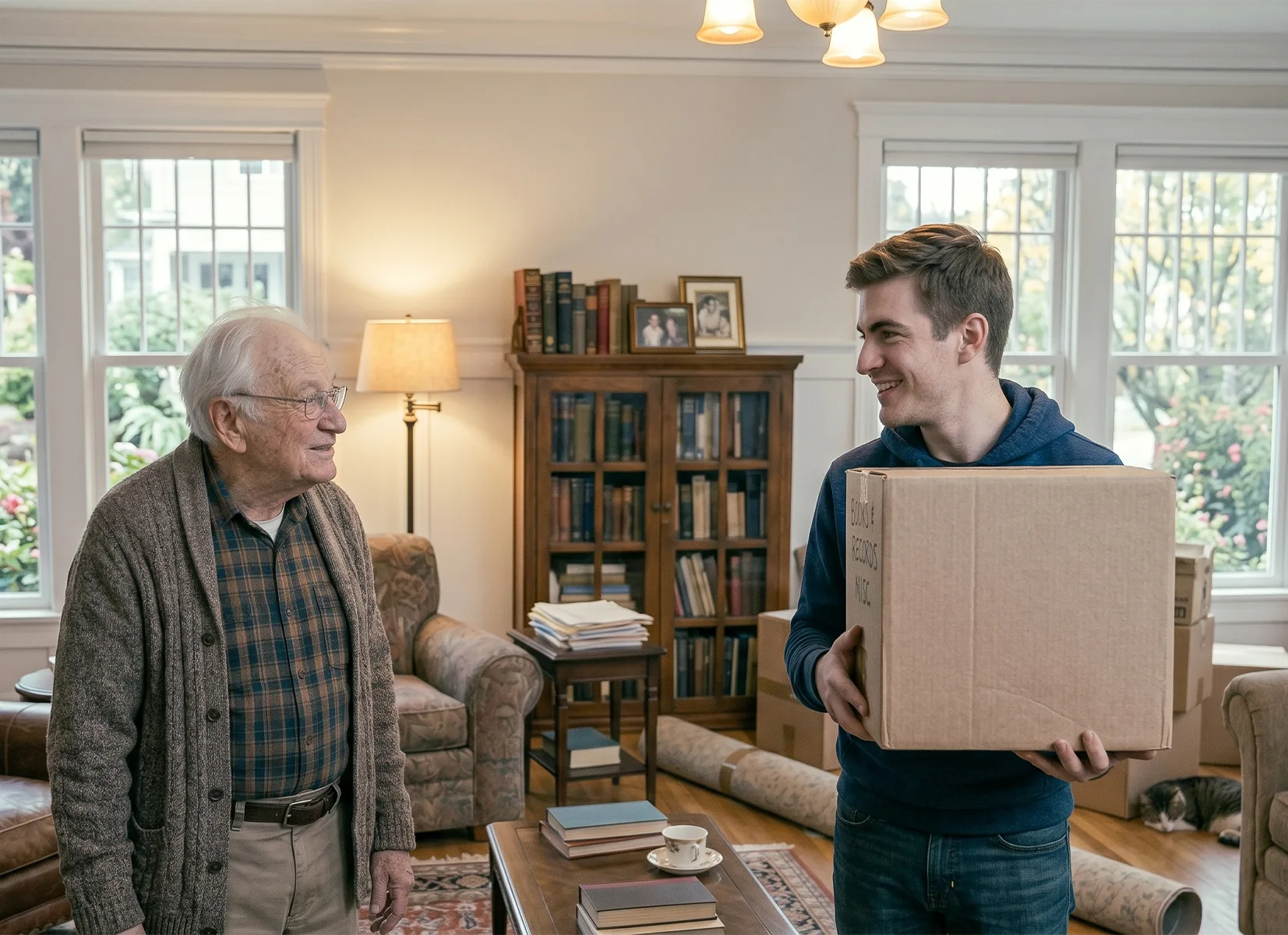 Moving House with Elderly Relatives as a younger family member helps an elderly relative pack boxes during a home move
