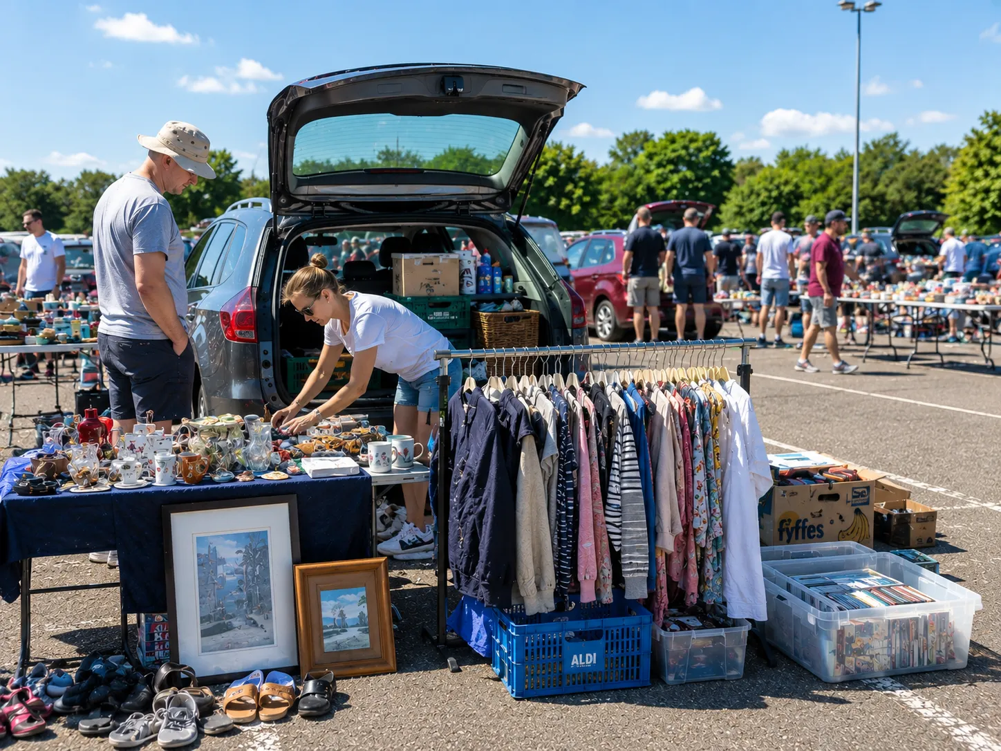 Family selling household items at a busy summer car boot sale using practical car boot sale tips to stay organised.